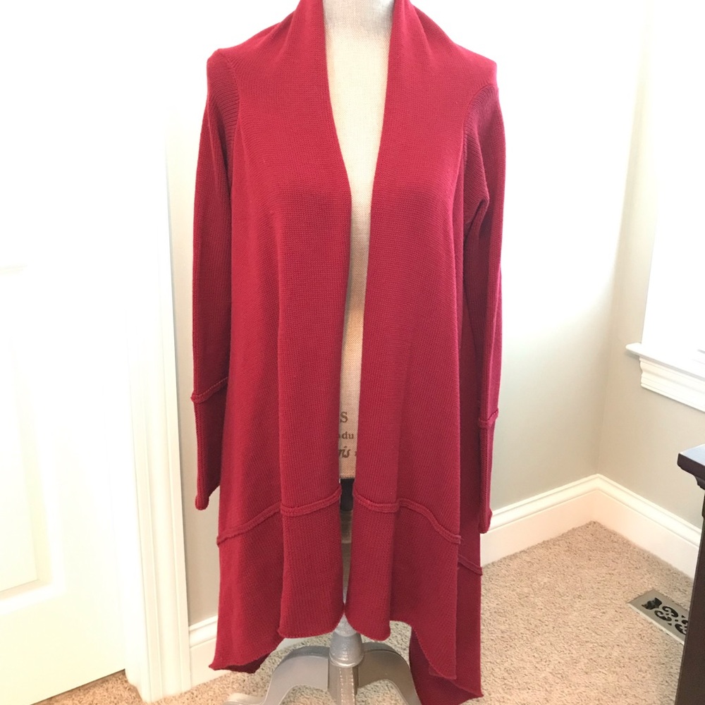 Asymmetrical open front long maroon cardigan